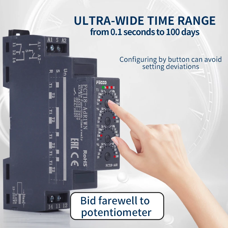 Fiicco FCT18-AdR Din Rail type AC220V DC24V  ACDC12-240V 0.1s-100days NPN/PNP Control Signal Pulse Delay Timer Relay For Cranes