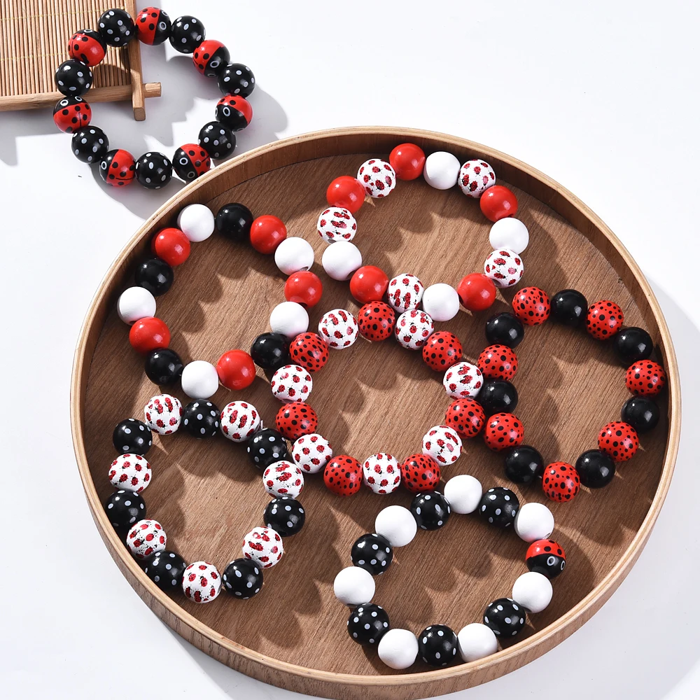 Y2k Ladybug Printed Wooden Bracelet Women Men Elastic Adjustable Wood Bangle Wrap Hand Jewelry For Party Birthday Jewelry Gift