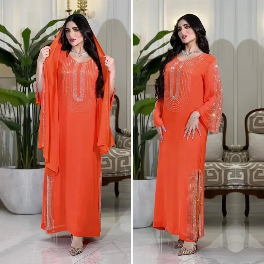 2024 Purple Orange Muslim Summer Autumn Elegant Long Sleeve V-neck Polyester Long Dress Maxi Dress Muslim Fashion Dresses