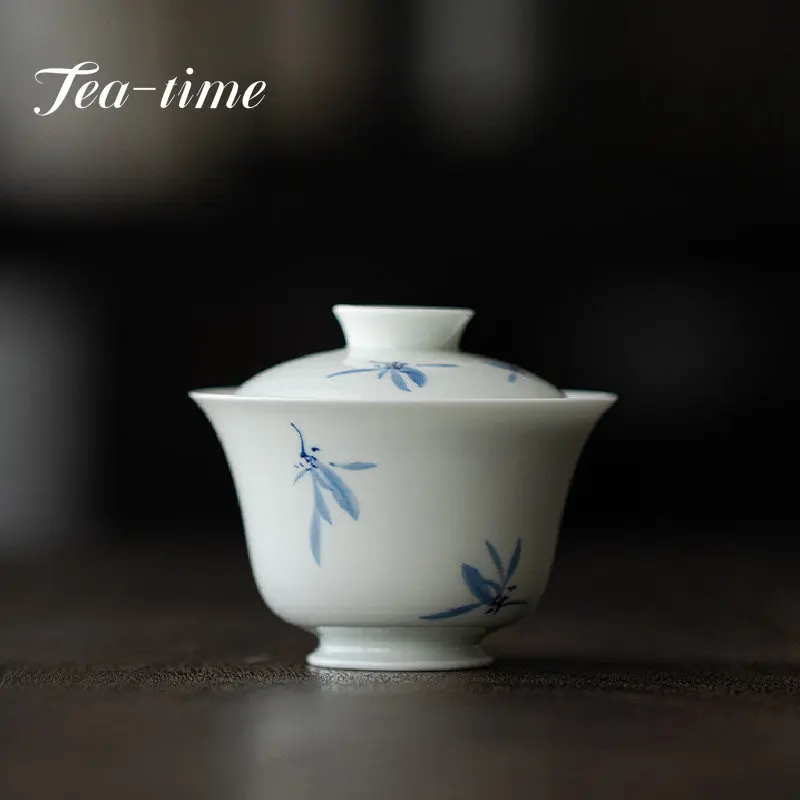 110ml White Porcelain Gaiwan Hand-painted Orchid Ercai Tea Tureen Kung Fu Tea Set Single Tea Bowl Anti-scalding Ceramic Tea Cup