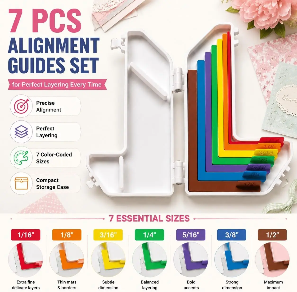 New Paper Crafting Alignment Guide Precision Layering Matting Spacers Scrapbooking Card Making Color-Coded Size Tabs Tools