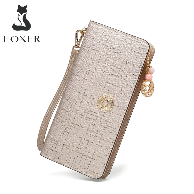 FOXER Brand Women Split Leather Wallet Simple Coin Purse Fashion Zipper Long Wallets Female Clutch Bag Multifunction Card Holder