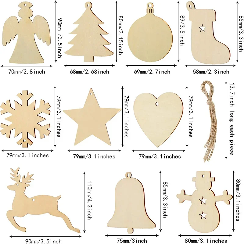 10Pcs Wooden Christmas Ornaments Unfinished Wood Slices with Holes Wooden Blanks Pendants for Kid DIY Craft Christmas Tree Decor