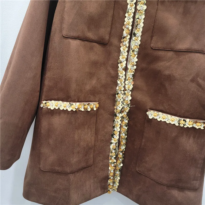 HKSH Lente Herfst Nieuwe Vrouwen Faux Suede O-hals Multi-pocket Zware Ambachtelijke Lovertjes Franse High-End Luxe Elegante Ins jas HK13808