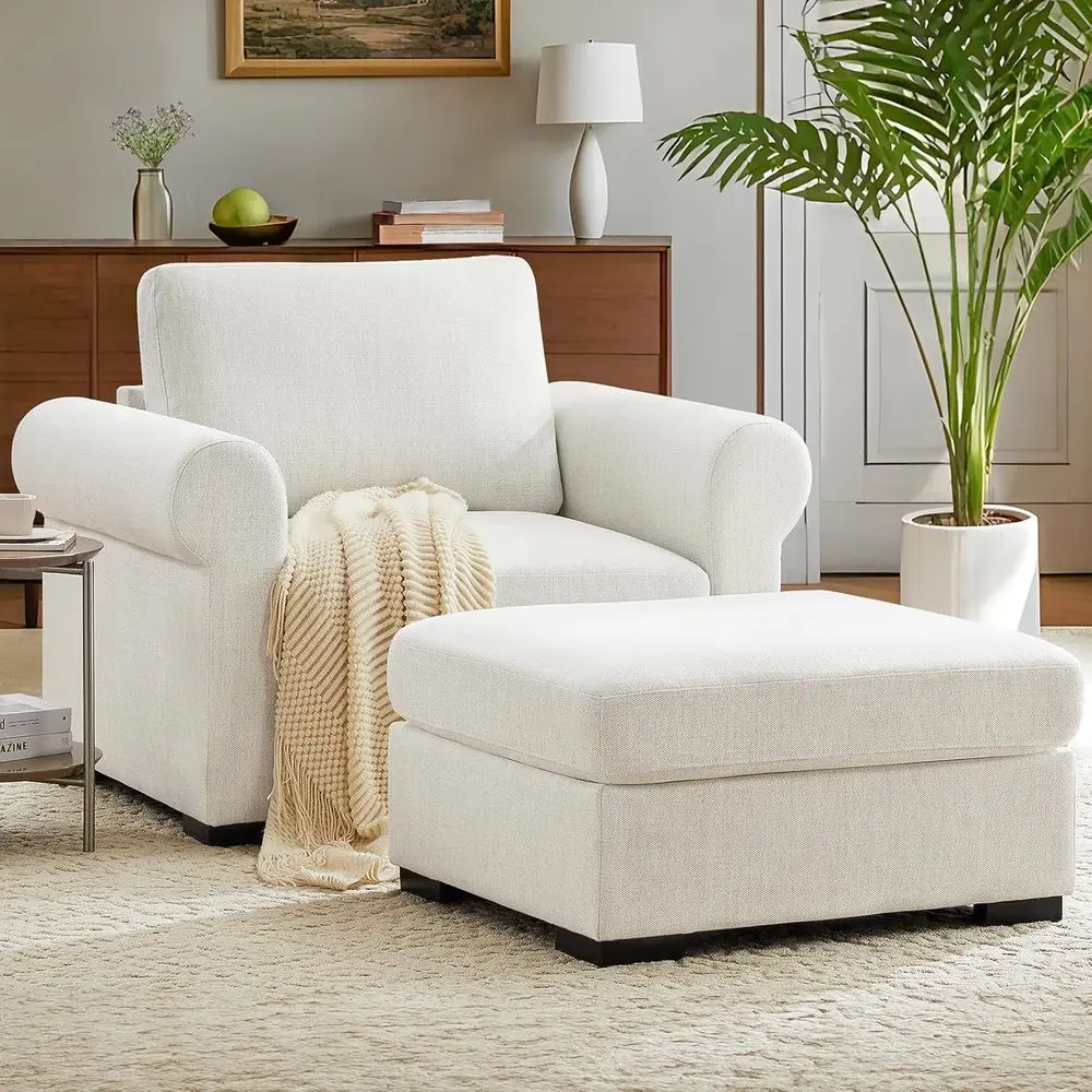 

Ivory Linen Oversized Accent Chair with Ottoman, Upholstered Chaise Lounge, Deep Seat Sofa for Living Room or Bedroom