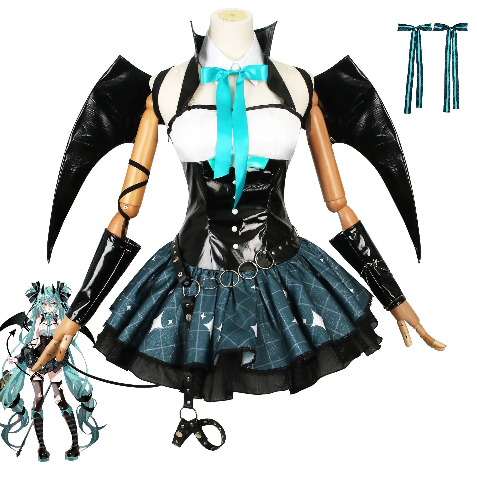 

Sexy Demon Miku Cosplay Costumes Anime Devil Hatsune Cosplay Uniform Dress Wigs Wings Suit With Horns Tail Halloween Party