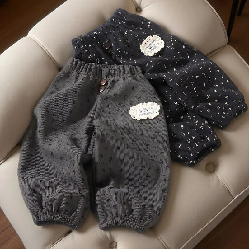 Autumn winter girls' casual pants baby children's lace floral edge thickened integrated velvet leggings spring and autumn thin