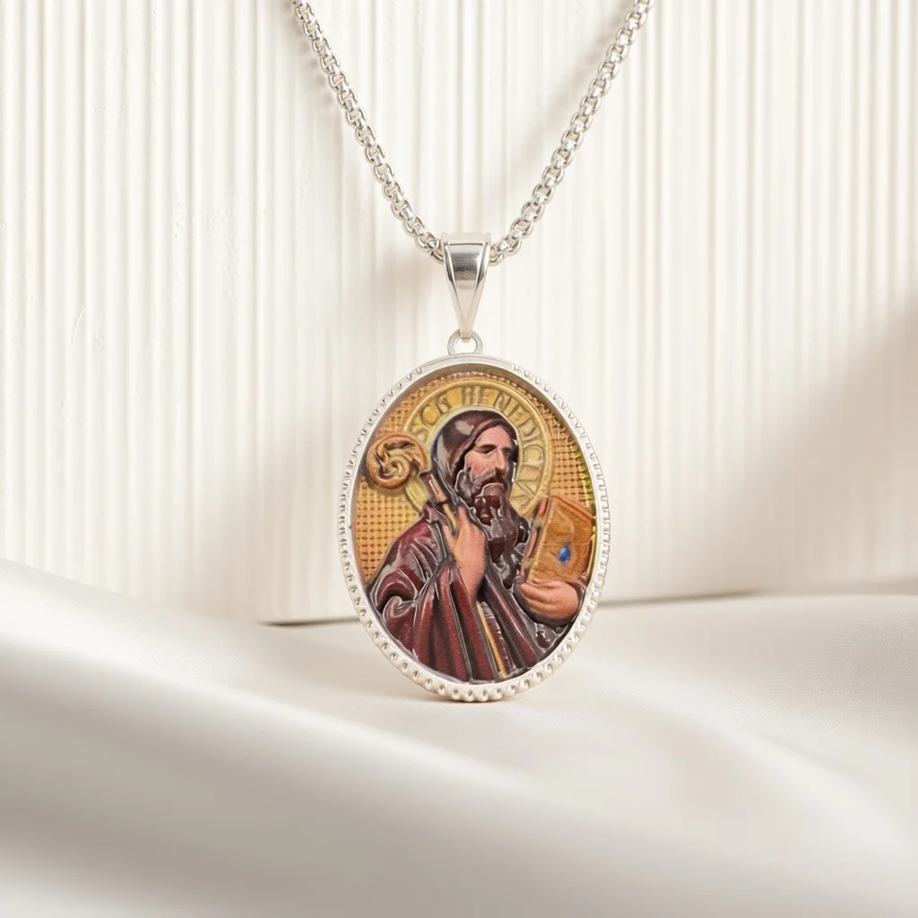 Saint Peter Oval Color Printing Medal Pendant Necklace Silver Diamond Cut Chain Catholic Jewelry Gift For Devout Male Believers