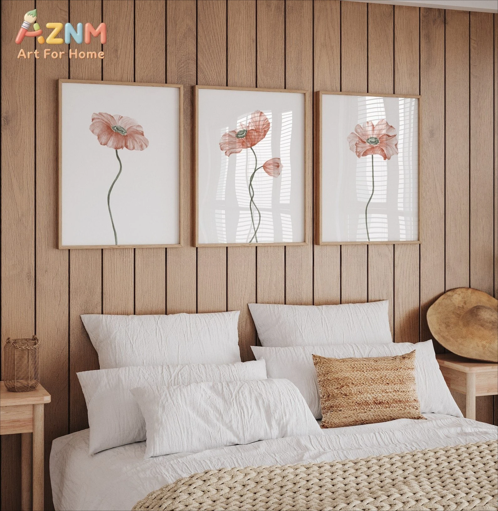 3Pcs Blush Poppy Watercolor Canvas Prints, Minimalist Floral Wall Art, Unframed Decor Posters