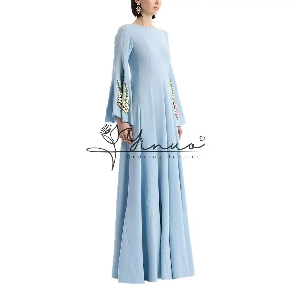 Customized 2026 Women's Sky Blue Floral Embroidery Flare Sleeve Evening Gown Maxi Long Dress for Formal Party - view 2