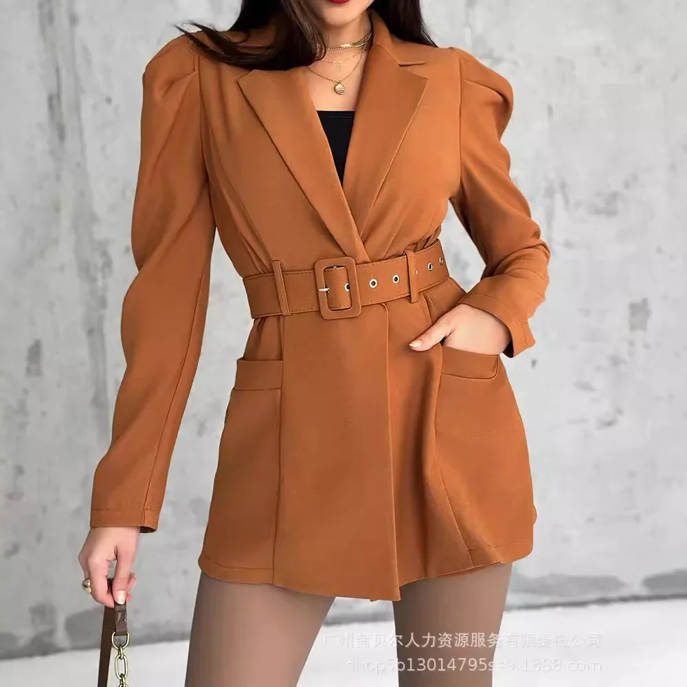 Kerah berlekuk lengan Puff 2-in-1 Blazer baju monyet dengan sabuk yang dapat dilepas warna Solid wanita musim gugur musim dingin