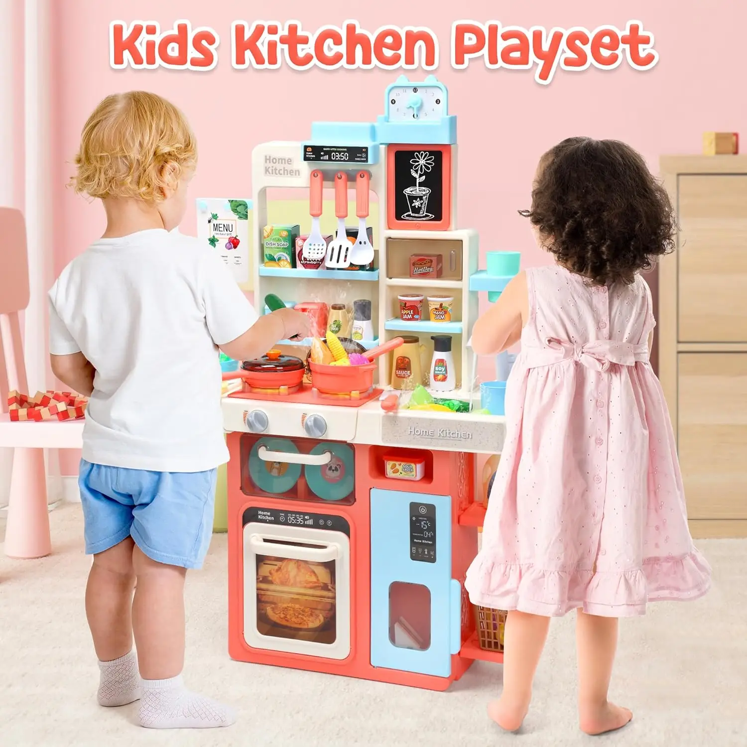 Kids Kitchen Playset, Kitchen Set for Toddler with Sound and Light, Cooking Stove with Steam, Play Sink and Toy Kitchen Accessor