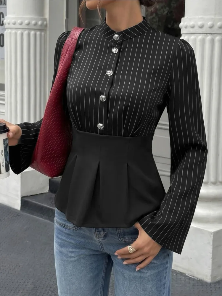 Women's Simple Striped Buttoned Slim Long Sleeve Shirt 2026 New Autumn And Winter Work Commuting Button Collar Shirt Street Wear