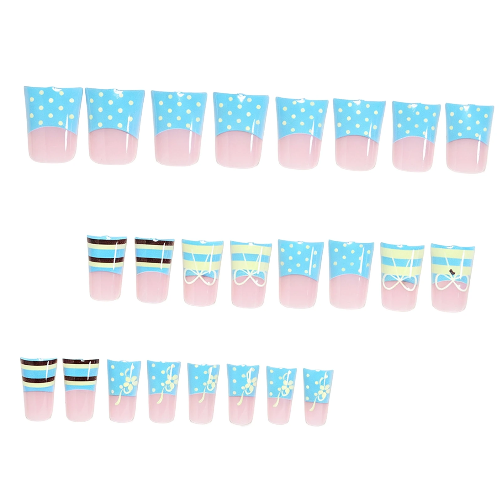 24 Stück koreanische Dopamin-Press-On-Nägel, gelb-blaue Streifen, Polka-Dot-French-Style, künstliche Nägel mit Schleifenmuster, Entenschnabel-Form, Kunstnägel – Detail 9