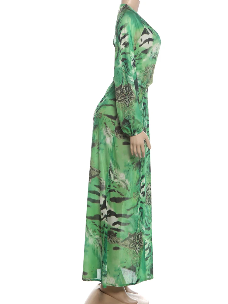 Nibber Laternenärmel Tigerstreifen-Print Langes Kleid Damen Herbst-Trend Tiefer V-Ausschnitt Sexy Rückenfreies Strand-Party Elegantes Kleid – Detail 4