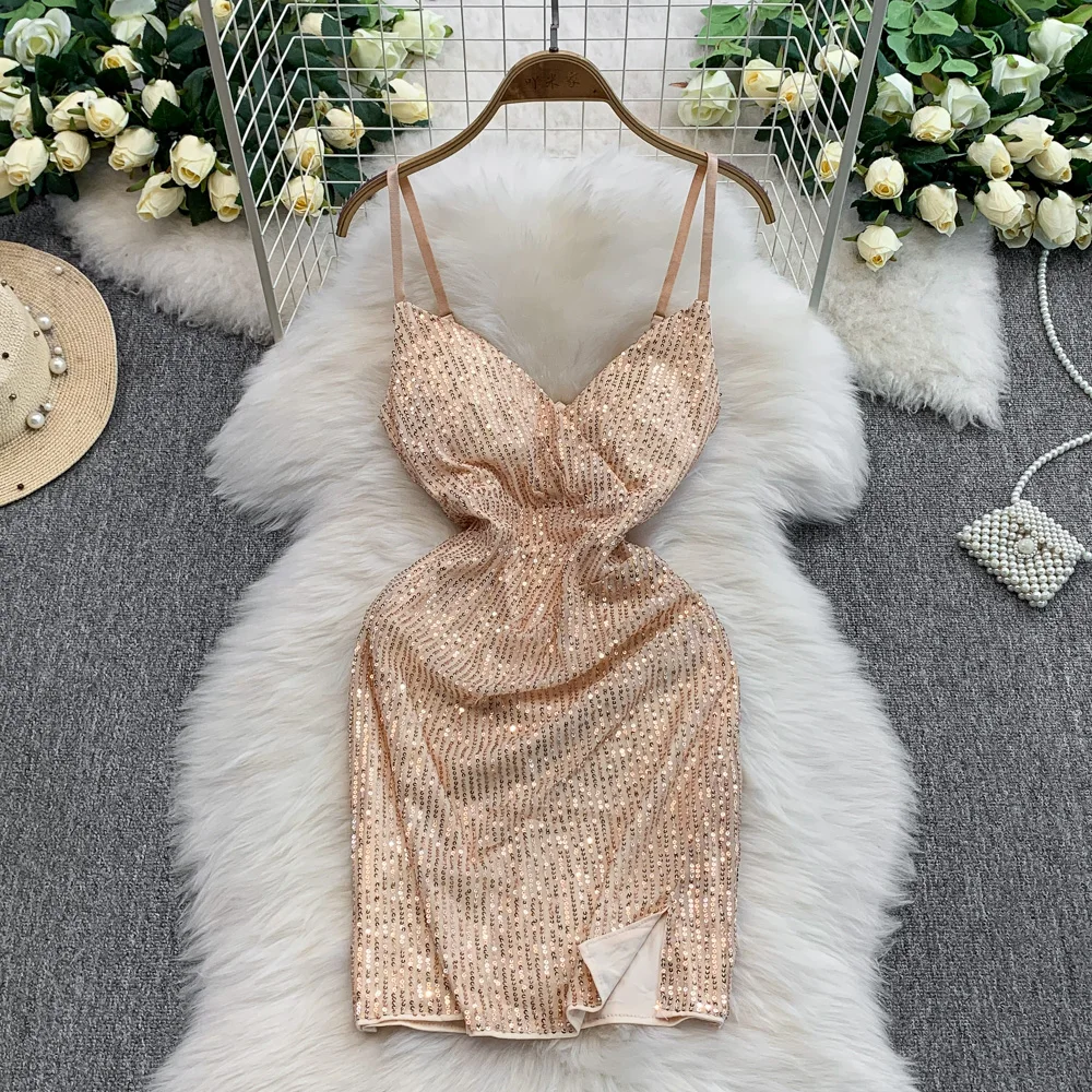 Foamlina Sexy Sparkling Sequins V-Neck Sling Dress Women's Summer New High  Waist Slim Bodycon Short Skirt Mini Sequins Dresses