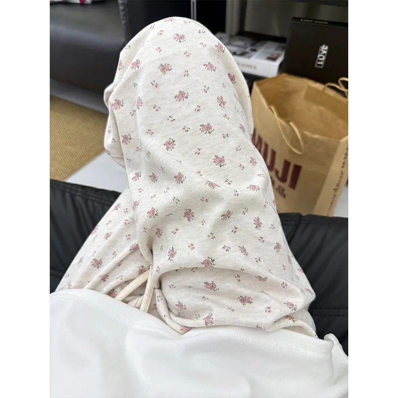 2026 Spring Autumn Korean Style Women Floral Print Drawstring Wide Leg Casual Pants Versatile Draping Slim Fit Trousers