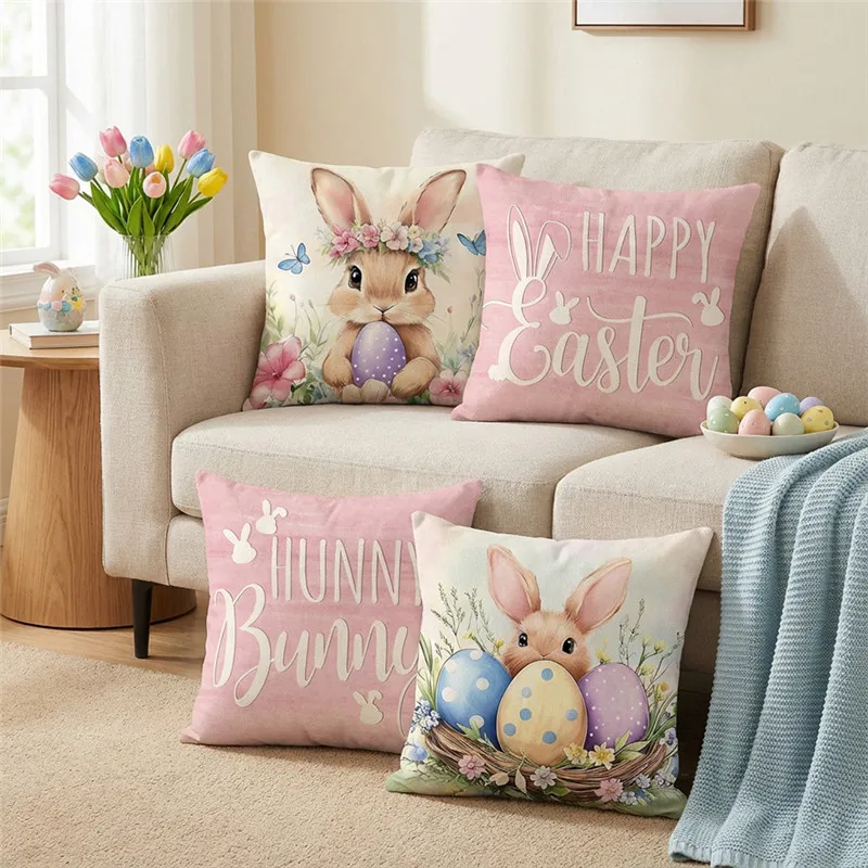 VIKAMA Easter Pink Rabbit Cushion Cover Suitable for Living Room Sofa Bedroom Decor Warm and Soothing Atmosphere