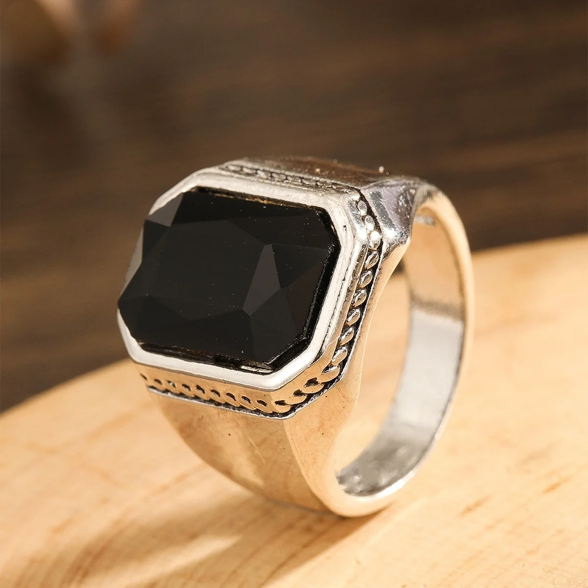 Retro Men Alloy Plated Ring Steel Color Square Ring Artistic Vintage Style Hand Jewelry Men Available In Various Sizes