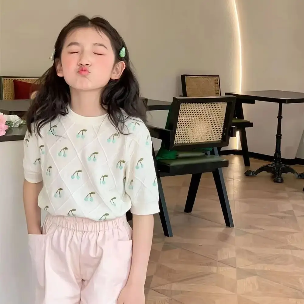 

spring baby casual girls' knitted T-shirt kids girls clothes baby tops Colorful cherry patterned knitted short sleeved top
