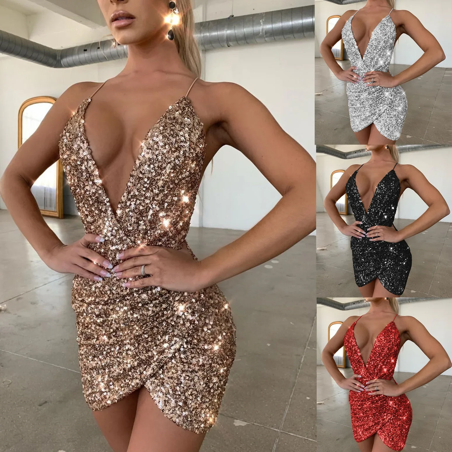 

New Fashion Sexy Women V Ncek Solid Sequined Glitter Stitching Shining Club Sheath Mini Dress For Female