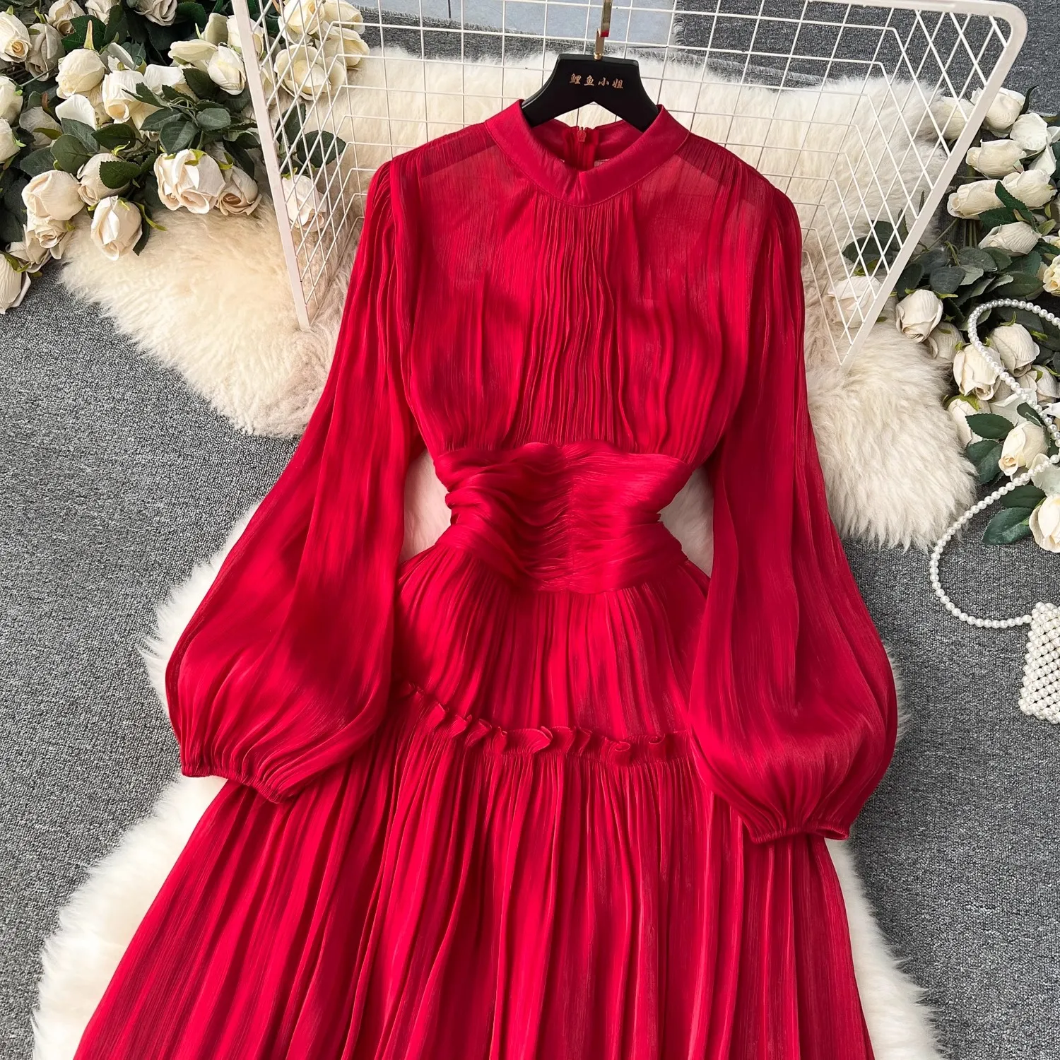 High Quality New Luxury Women Spring Summer Folds Wedding Formal Stand Collar Puff Sleeve Shine Casual Holiday Party Dresses