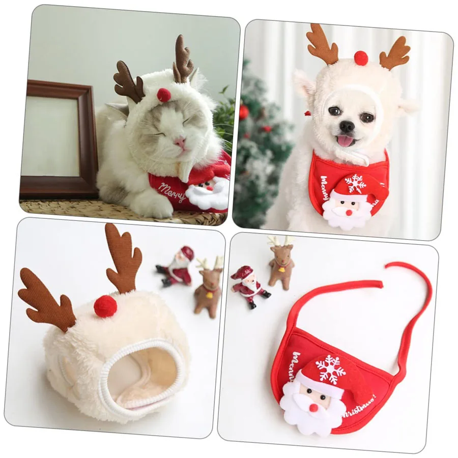 Weihnachts-Haustierhut-Lätzchen-Bandana-Set mit Weihnachtsmann-Elch-Muster und Ohrlöchern, weichem Stoff, in verschiedenen Farben und Stilen für Katzen- und Hunde-Feiertagsoutfit. – Detail 3