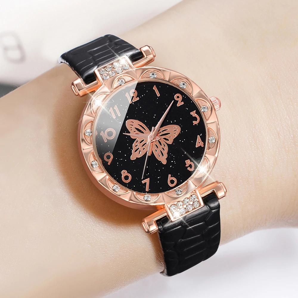 5PCS/Set Black Romantic Quartz Watch Shiny Rhinestone PU Leather Wrist Watch & Jewelry Set Gift For Mom Her Ladies Watch