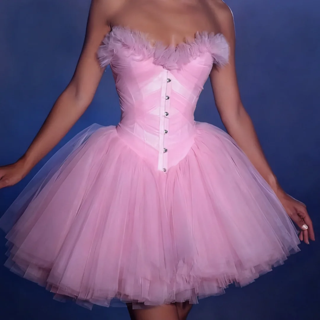Pretty Strapless Tulle Brithday Party Dress Sweetheart Button Mini Cocktail Dresses  Puffy Ruffled Tiered Mesh Prom Gowns Custom