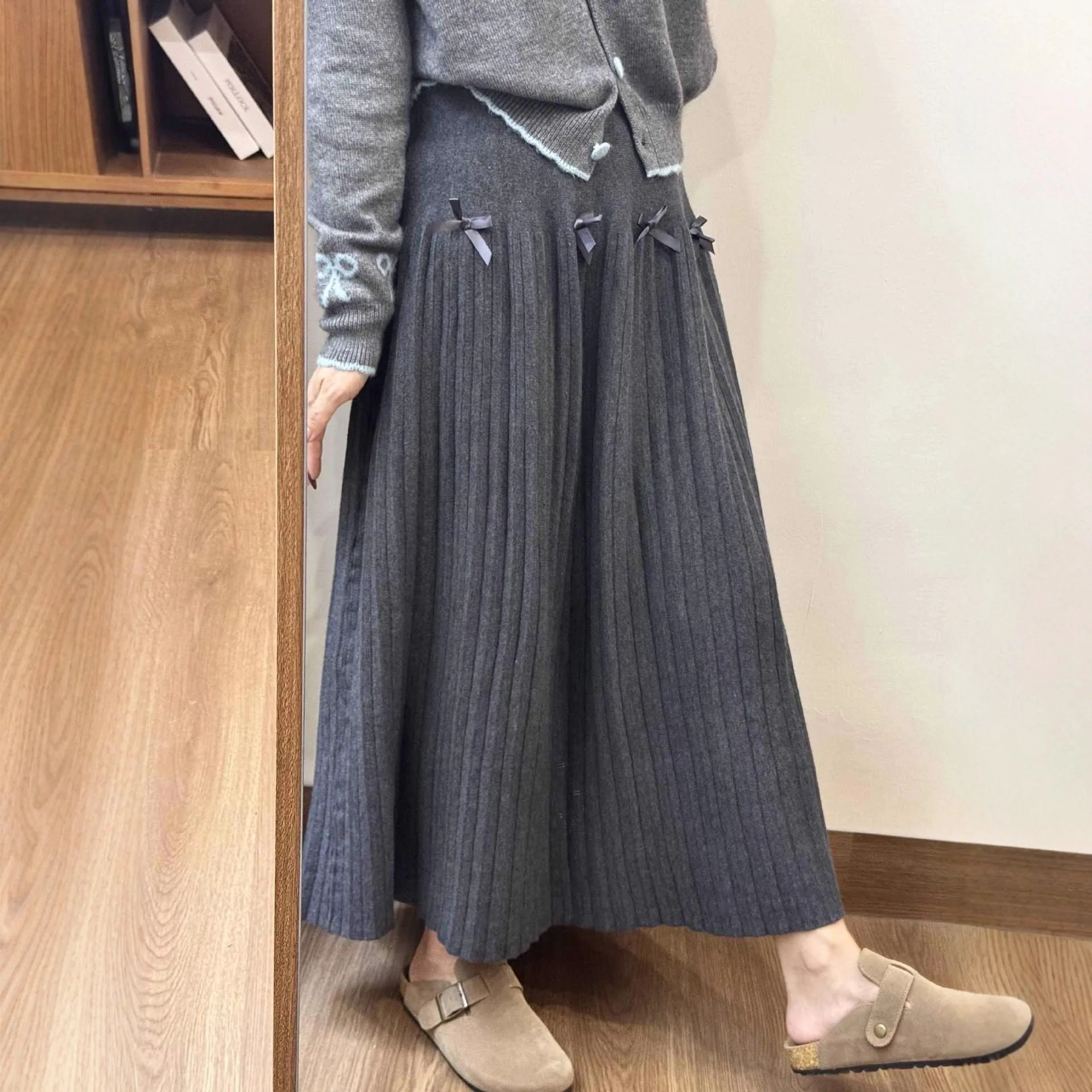 

Women Knit Pleated Ankle-Length Skirt Autumn Winter Color Solid Thick with Bow A-Line Skirt Korean Style Elegant Commute Skirts