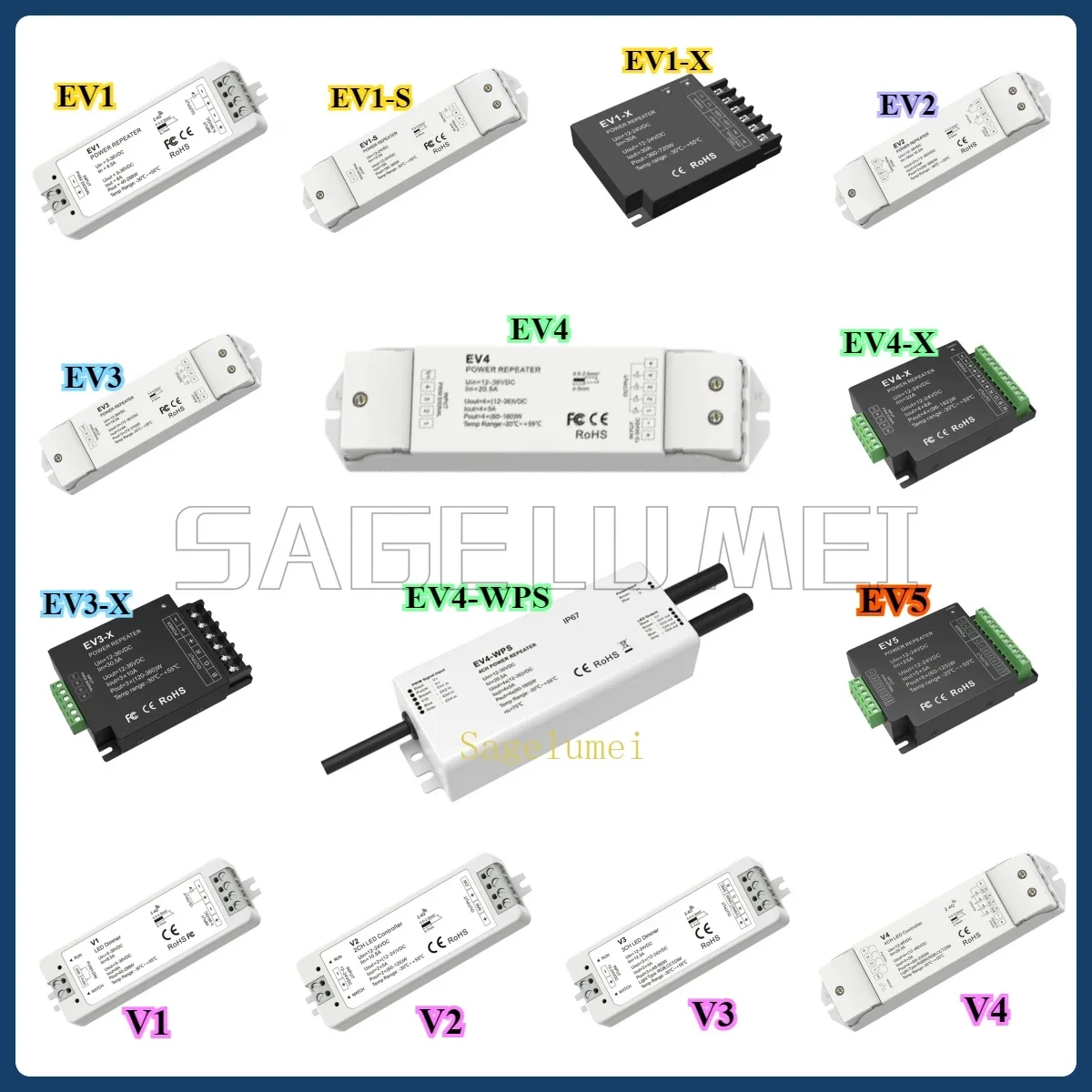 Skydance V1/2/3/4 EV1/2/3/4/5 Single Color Strip Controller Power Repeater Dimmer 1CH 3CH 4CH 5CH 12V-24VDC CCT RGB RGBW RGBCCT