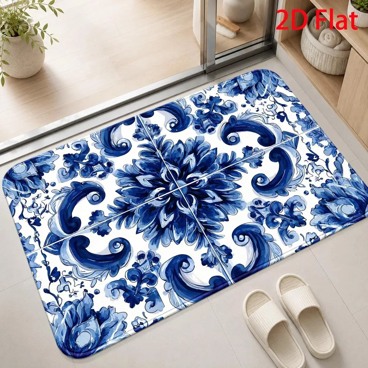 Blue White Porcelain Classical Elegant Floral Doormat For Front Door Ornate Pattern Rug Floor Mat Vintage Style