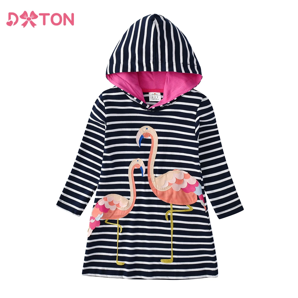 DXTON Girls Hoodies Dresses Autumn Striped Children Hooded Dress For Girls Flamingo Appliqued Kids Cotton Costumes 4-6 Years