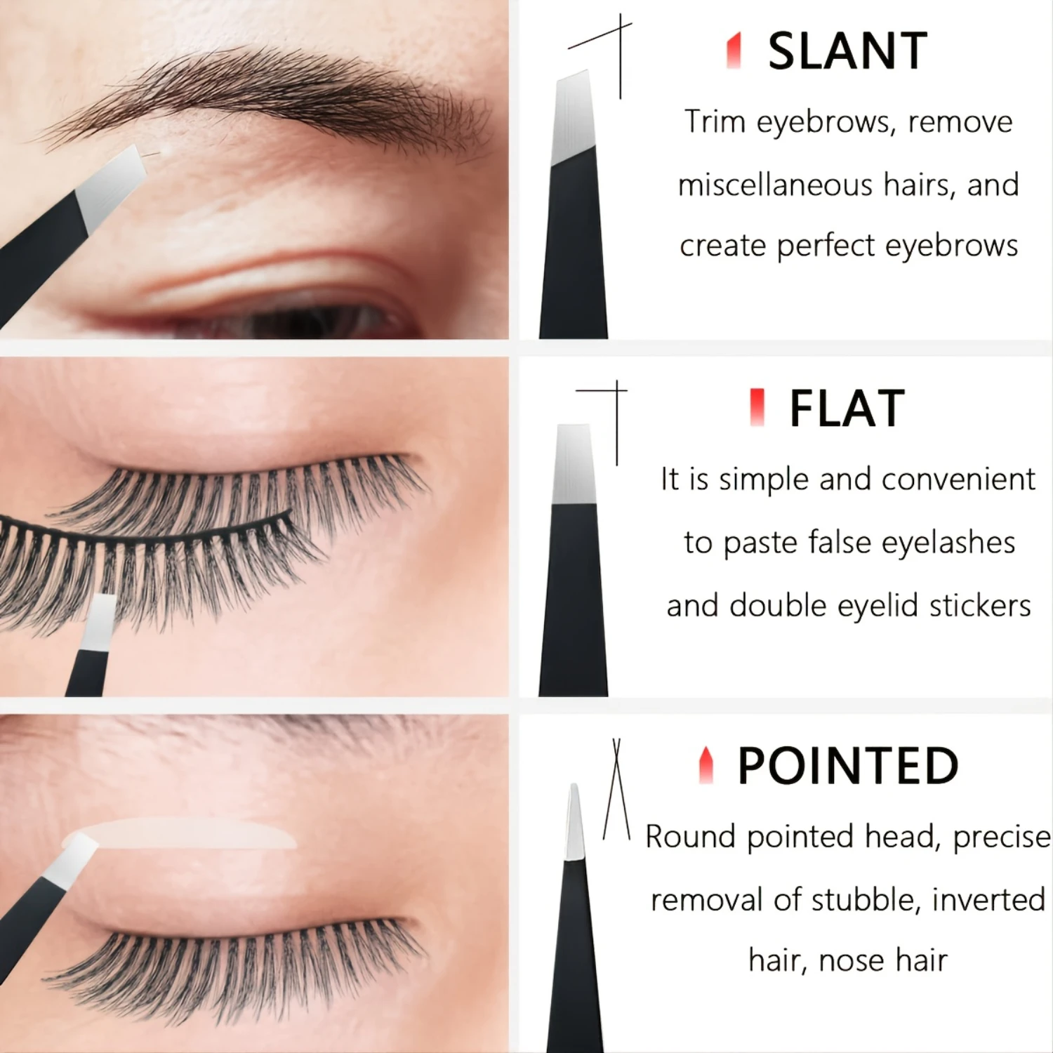 Juego Premium de 3 pinzas para cejas de acero inoxidable para desplumar cabello de precisión, Kit de puntas planas/inclinadas/afinadas afiladas para el cuerpo, Ingr