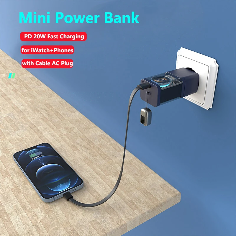 Mini Power Bank 5200mAh with Cable AC Plug for iPhone 15 Xiaomi Samsung PD 20W Powerbank Wireless Charger for iWatch 8 7 6 5 4 3