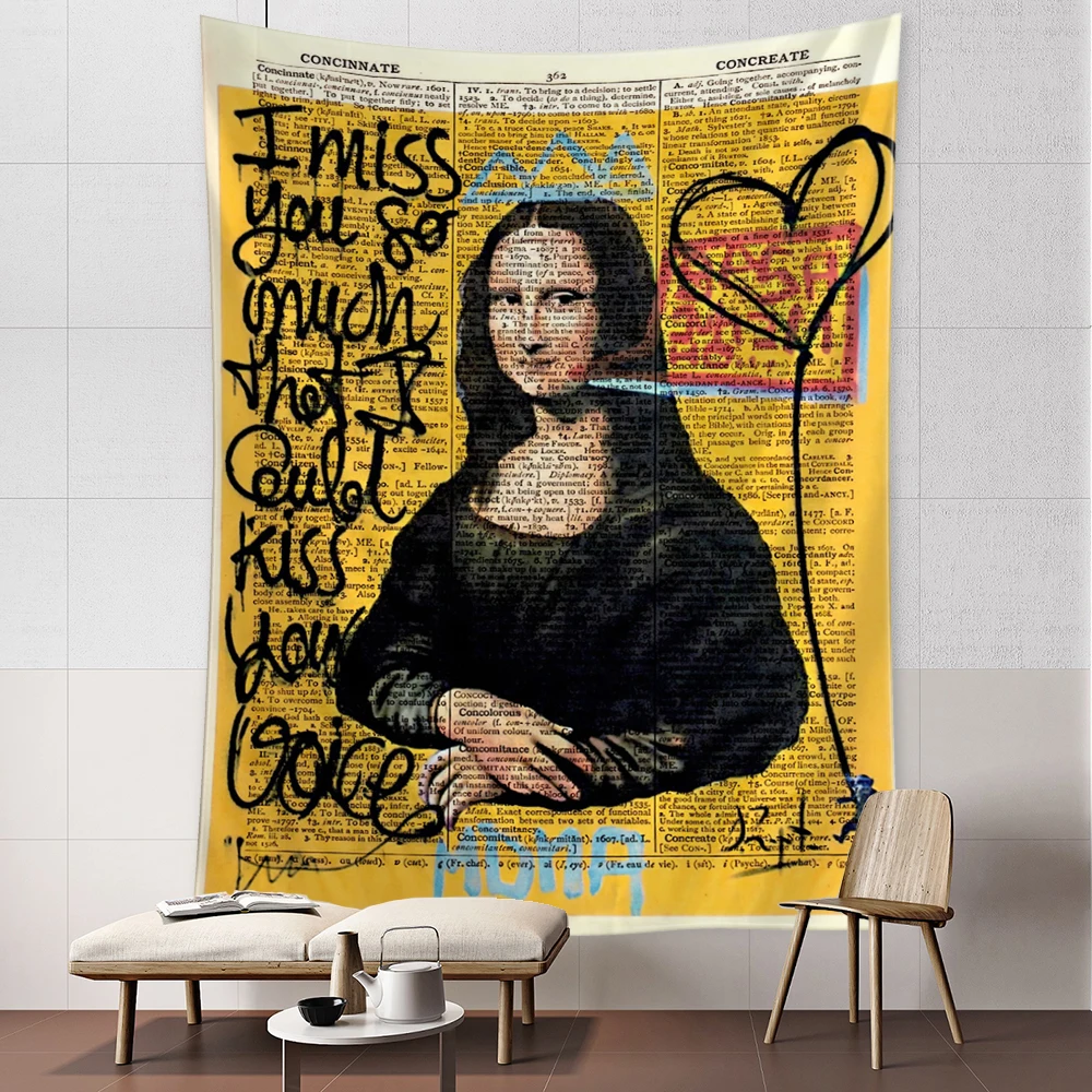 Mona Lisa Graffiti Tapestry Wall Hanging Bohemian Beach Mat Polyester Blanket Yoga  Home Bedroom Art Carpet
