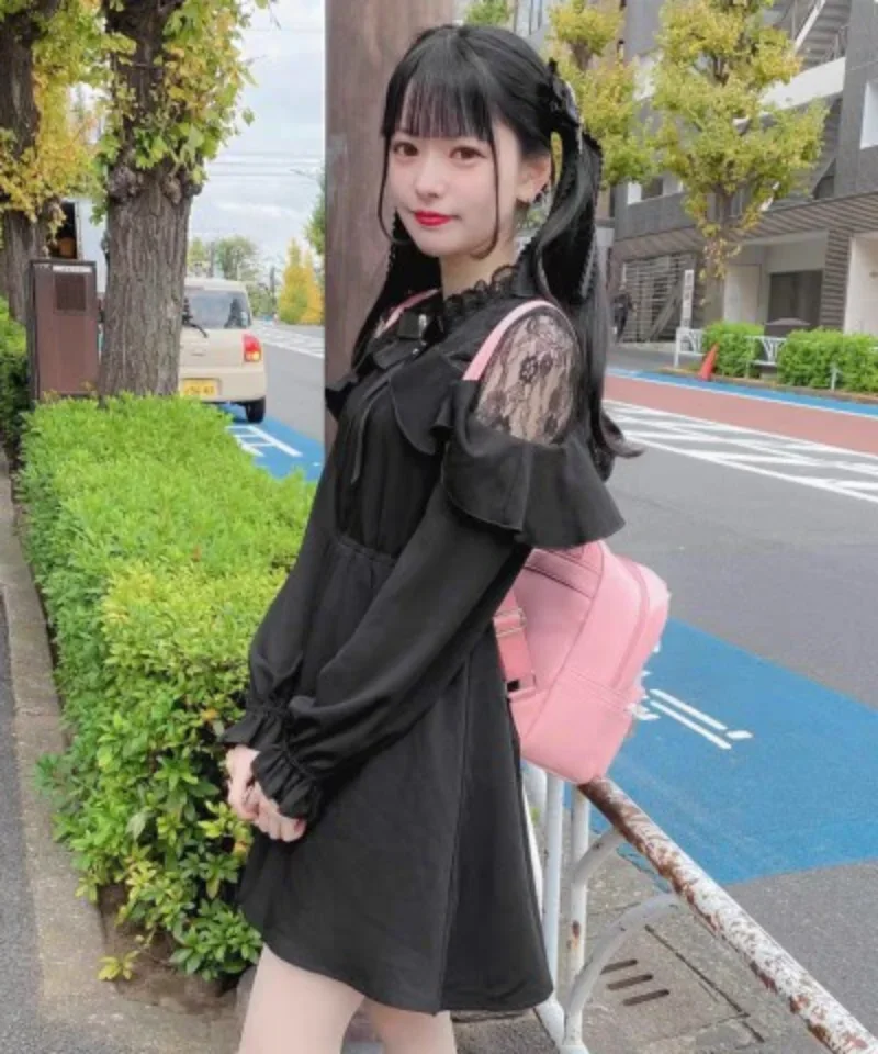 

Lolita Sweet Japanese Short Dress Rojita Lace Long Sleeve Type Black Cover Belly Princess Clothes Slimming Waist A-line Dress