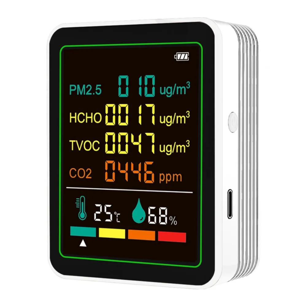 空気品質モニター 6-in-1 屋内空気品質モニター TVOC/PM2.5 温度湿度検出器スタンド 70*35*90 ミリメートル LED カラースクリーン