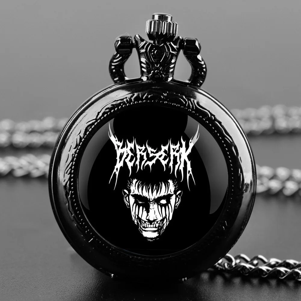 Anime Berserk Glass Dome Vintage Arabic Numerals Quartz Pocket Watch Necklace Pendant Clock Chain Men Women Anime Fans