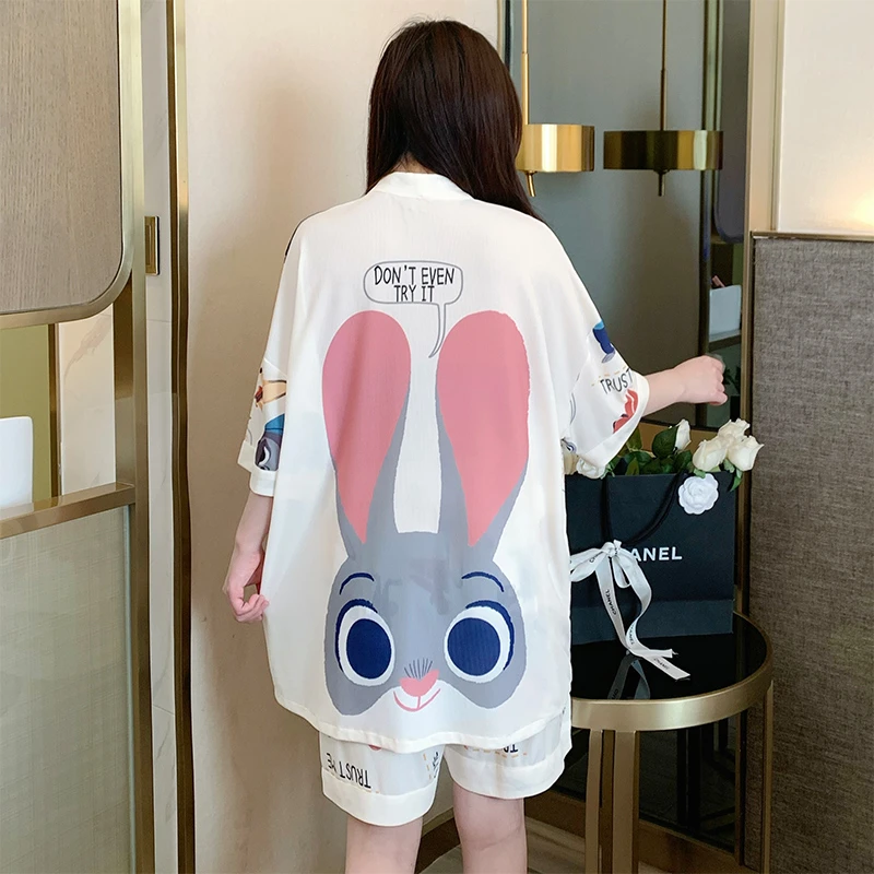 Plus Size Cartoon Ice Silk Pajamas 3-Piece Set Women\'s Summer New Korean Ins Short-sleeved Top+Shorts+Pants Outwear Home Clothes