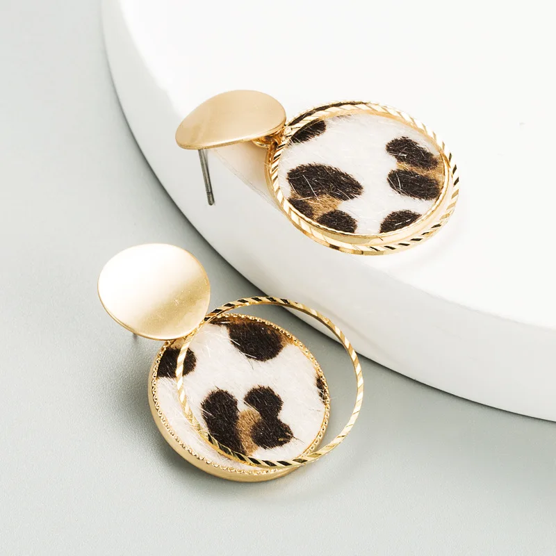 European And American INS Style Geometric Double Leopard Print Earrings Autumn And Winter Round Female Accessories