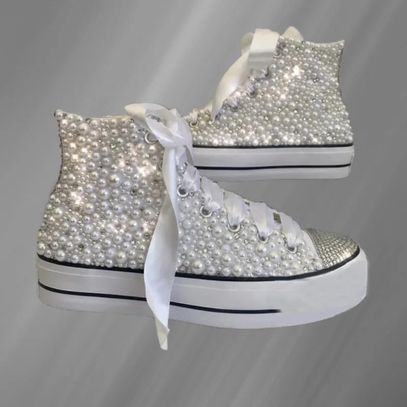 Lace lace classic handmade custom canvas shoes waterproof table pearl rhinestone high top casual shoes women 35-44