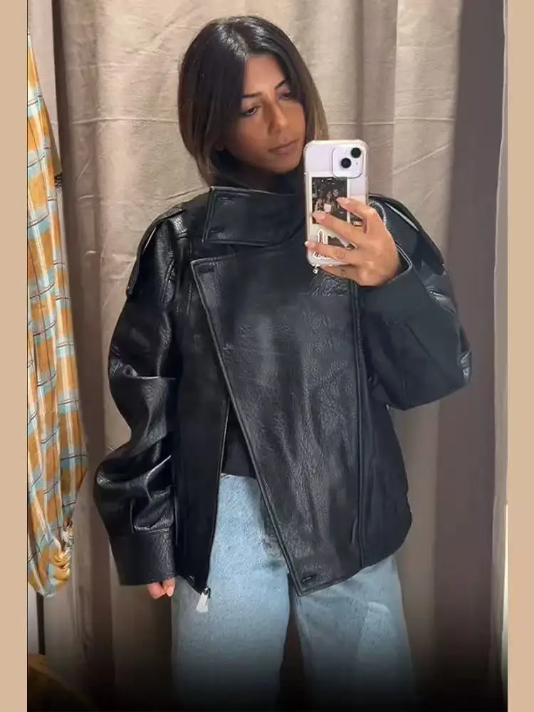 

Черные женские куртки из искусственной кожи, верхняя одежда, офисная женская куртка-бомбер, полусезонная куртка на кнопках для женщин, пальто