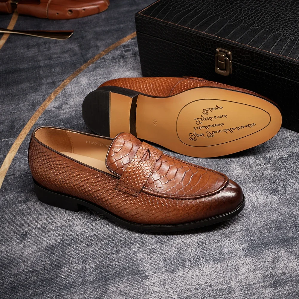 FELIX CHU Genuine Leather Men\'s Loafers Pointed Snake Pattern Slip-on Monk Shoes Wedding Party Casual Formal Men\'s Dress Shoes