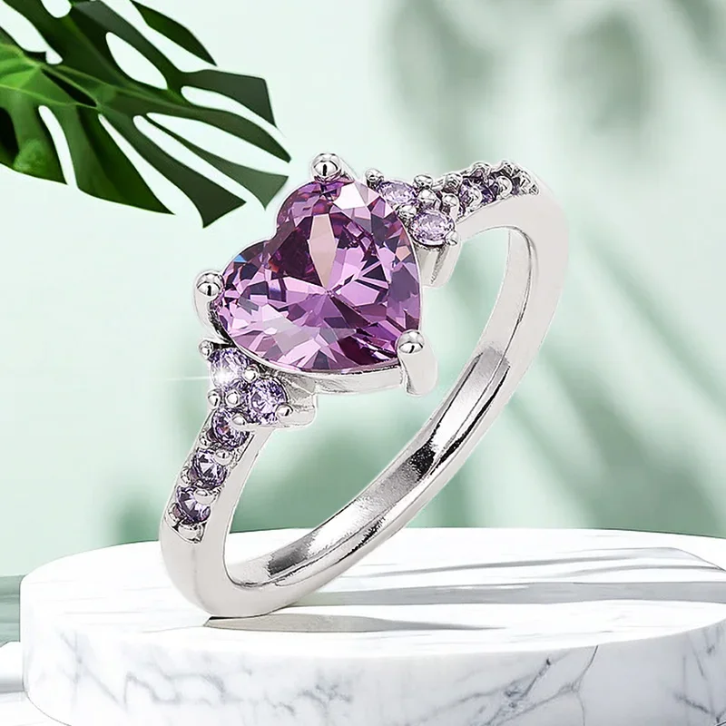 Anéis de zircônia cúbica femininos, cerimônia de casamento romântica, acessório nupcial, joias da moda, coração encantador, roxo, festa, novo, 2024