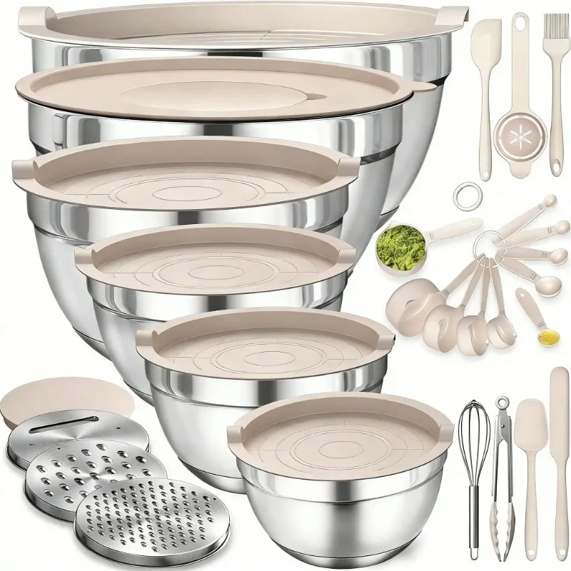 Ensemble de 21 bols mélangeurs en acier inoxydable avec couvercles, bols à salade empilables avec 3 râpes, spatules en silicone, fouet, cuillères doseuses, kit de préparation et de stockage polyvalent pour la cuisine et la pâtisserie
