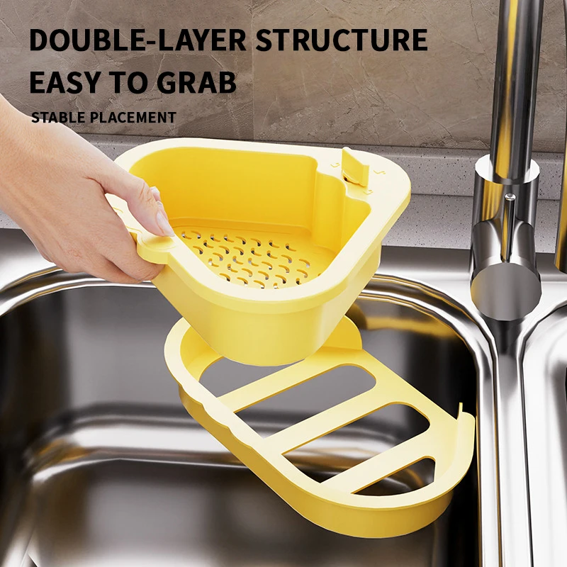 سلة تصريف منزلية بطبقة مزدوجة بالوعة مثلثة، سلة تصفية بقايا المطبخ والفواكه والخضروات #1