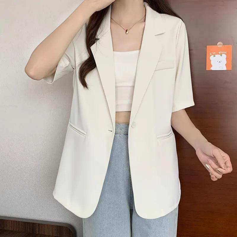 Blazers monocromáticos de media manga para mujer, un solo botón, sueltos, simples, elegantes, de oficina, estilo coreano, combinan con todo, finos, temperamento de ocio