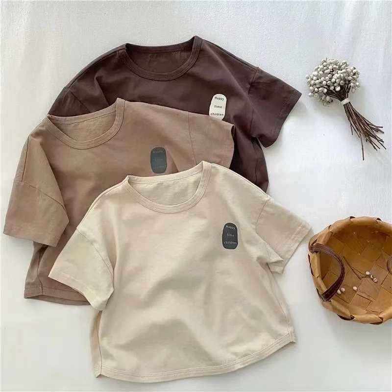 

Футболка с короткими рукавами из 100% хлопка для мальчиков, летняя детская футболка в иностранном стиле с принтом, универсальный повседневный топ в корейском стиле