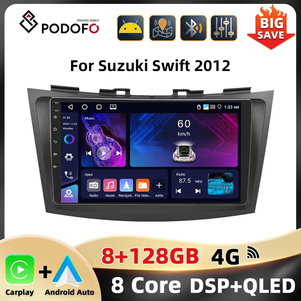 Podofo 8 + 128G 2Din Car Radio For Suzuki Swift 2012 Multimedia Player 8Core Mirror Link AI Voice Carplay Android Auto Car Stereo